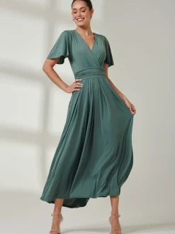 Angel Sleeve Jersey Maxi Dress Pleat Green