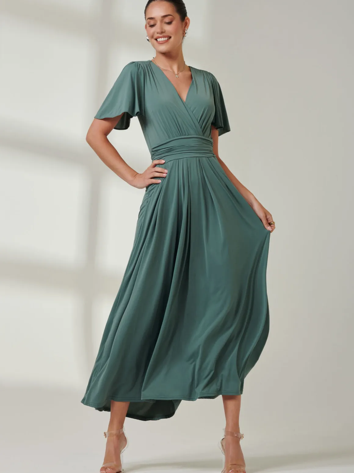 Angel Sleeve Jersey Maxi Dress Pleat Green
