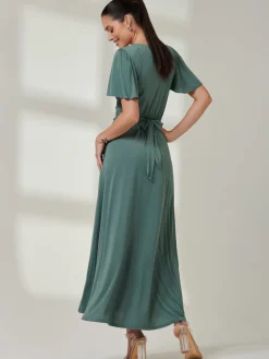 Angel Sleeve Jersey Maxi Dress Pleat Green