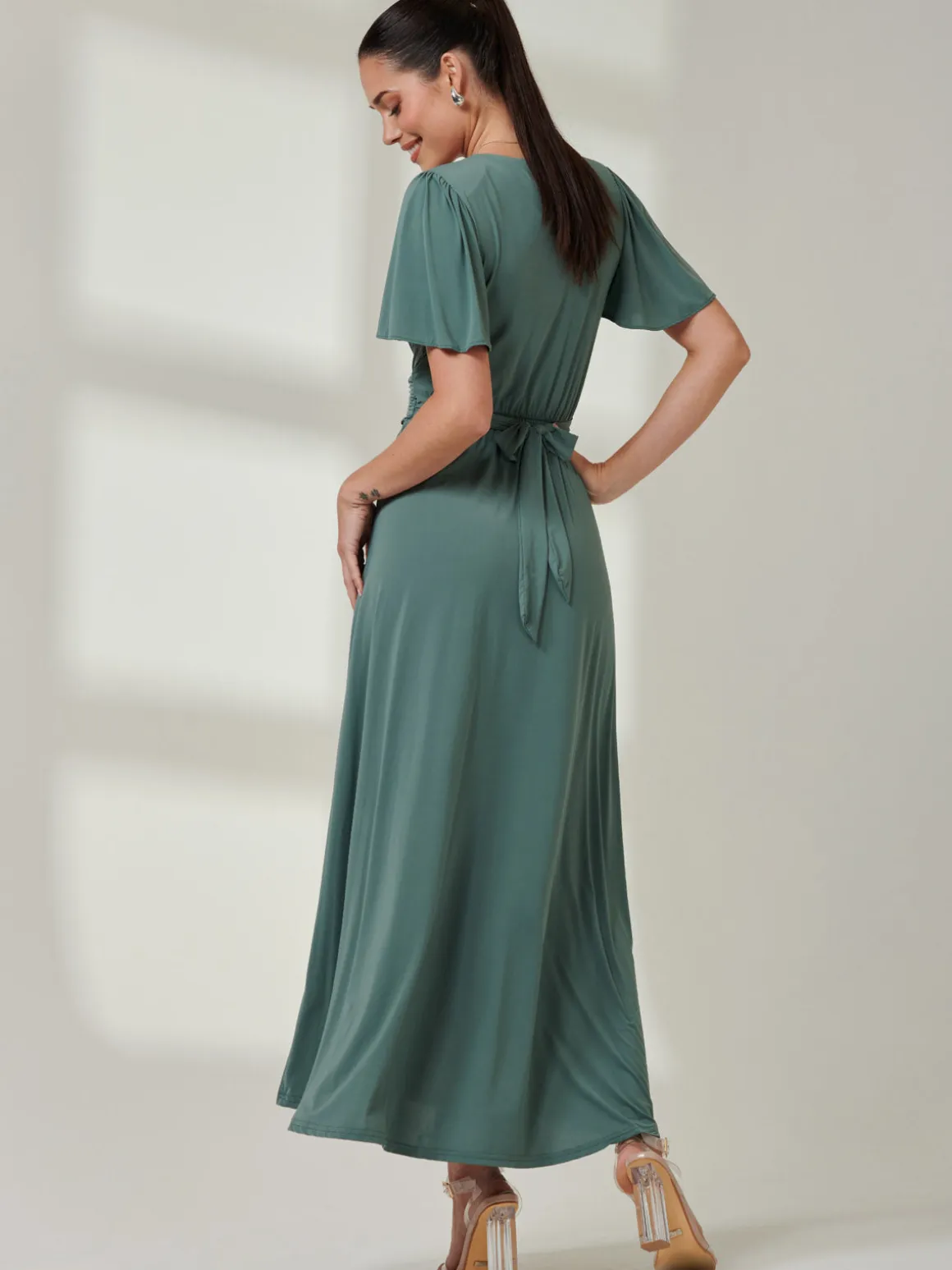 Angel Sleeve Jersey Maxi Dress Pleat Green