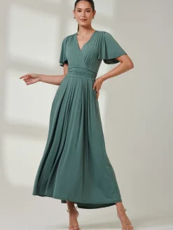 Angel Sleeve Jersey Maxi Dress Pleat Green