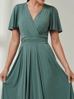 Angel Sleeve Jersey Maxi Dress Pleat Green