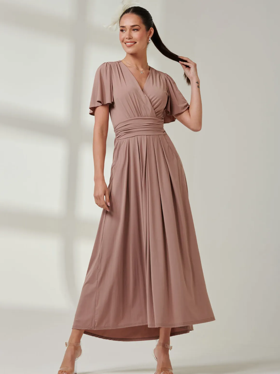Angel Sleeve Jersey Maxi Dress, Rose Taupe