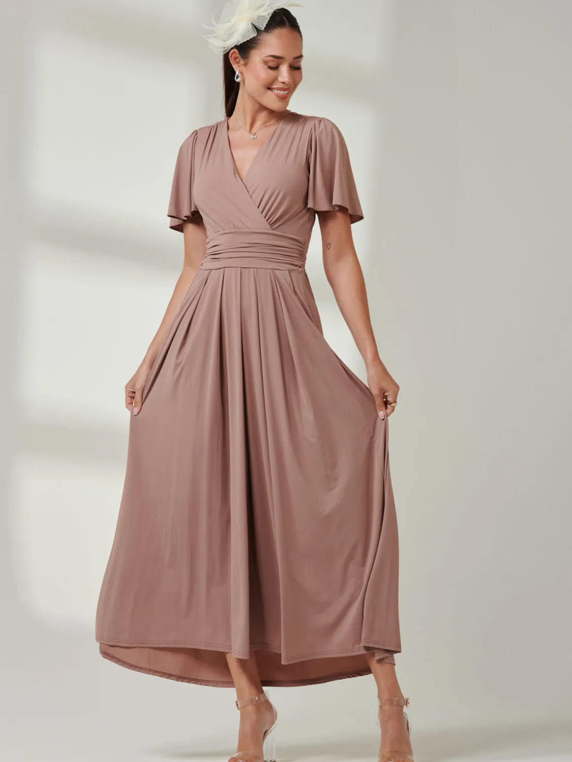 Angel Sleeve Jersey Maxi Dress, Rose Taupe