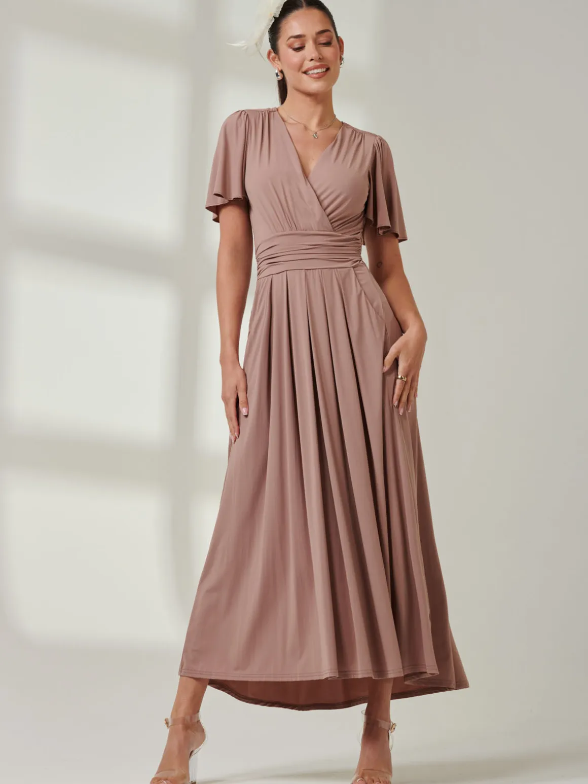 Angel Sleeve Jersey Maxi Dress, Rose Taupe