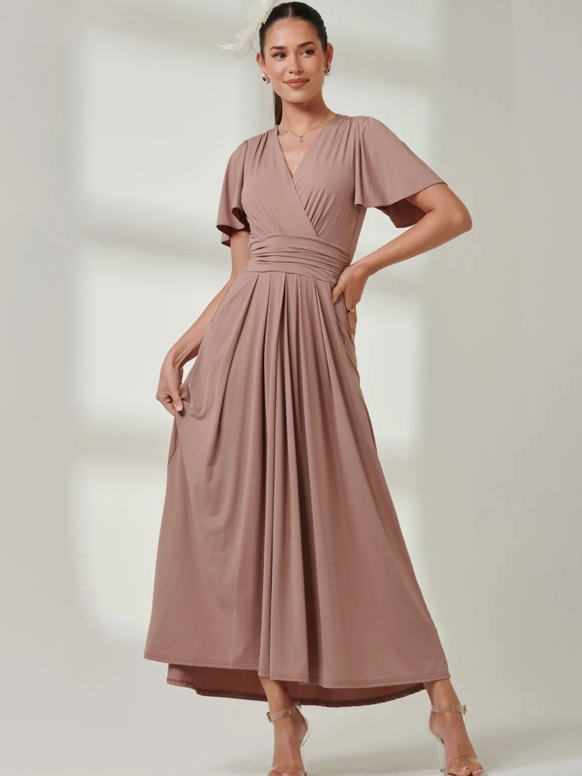 Angel Sleeve Jersey Maxi Dress, Rose Taupe