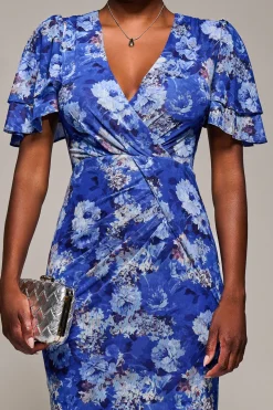 Angel Sleeve Mesh Bodycon Dress, Blue floral