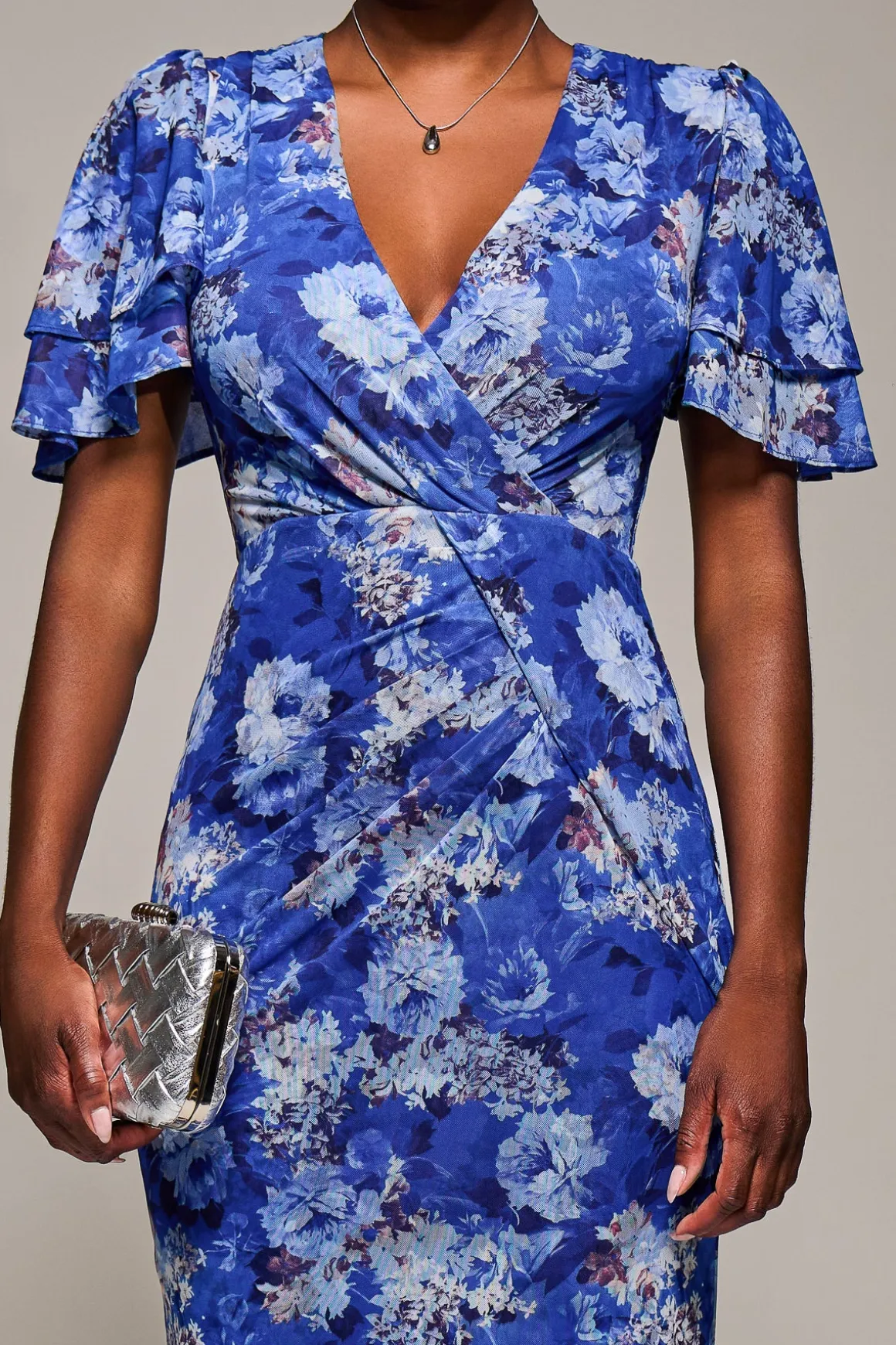 Angel Sleeve Mesh Bodycon Dress, Blue floral
