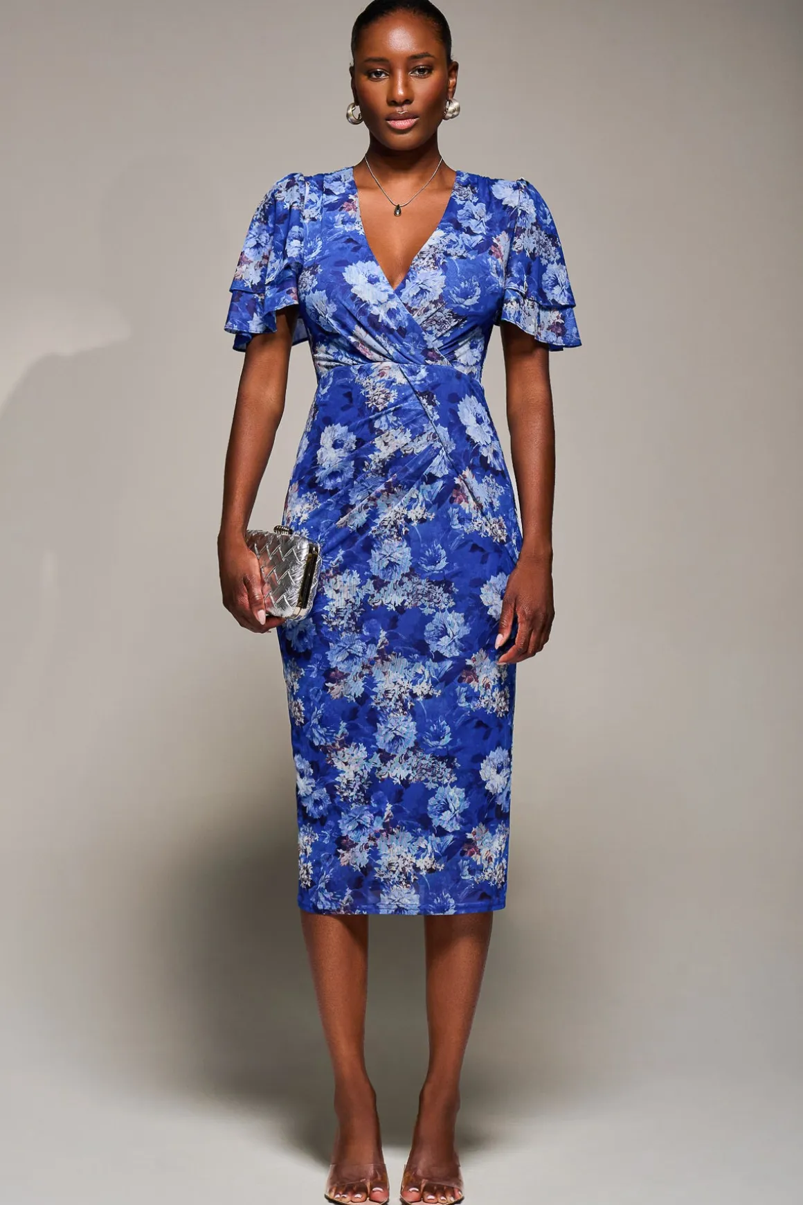 Angel Sleeve Mesh Bodycon Dress, Blue floral