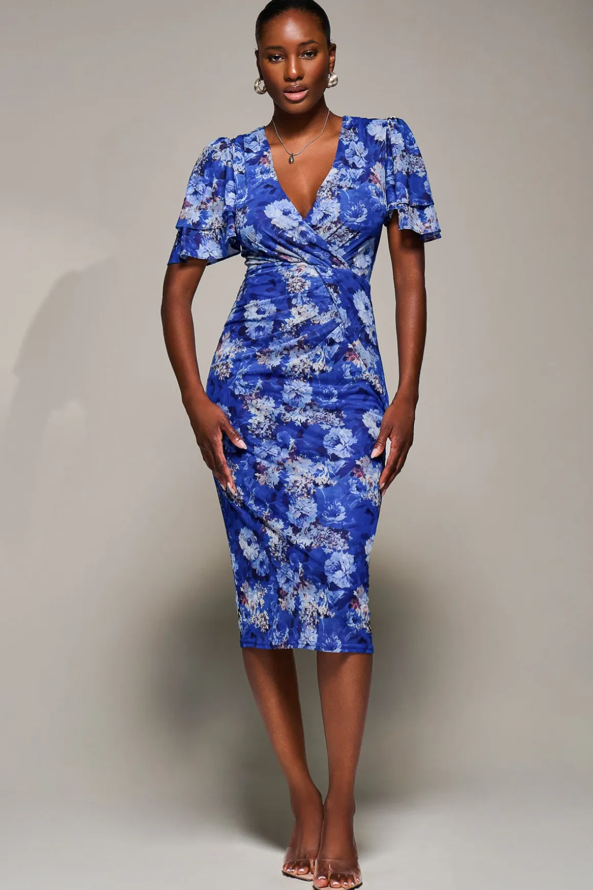 Angel Sleeve Mesh Bodycon Dress, Blue floral