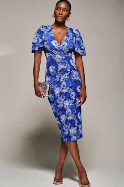 Angel Sleeve Mesh Bodycon Dress, Blue floral
