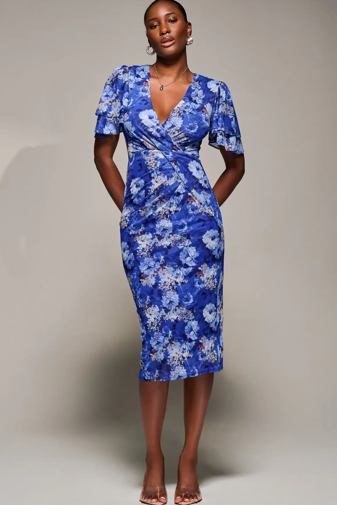 Angel Sleeve Mesh Bodycon Dress, Blue floral