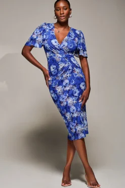Angel Sleeve Mesh Bodycon Dress, Blue floral