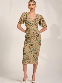 Angel Sleeve Mesh Bodycon Dress, Green Abstract