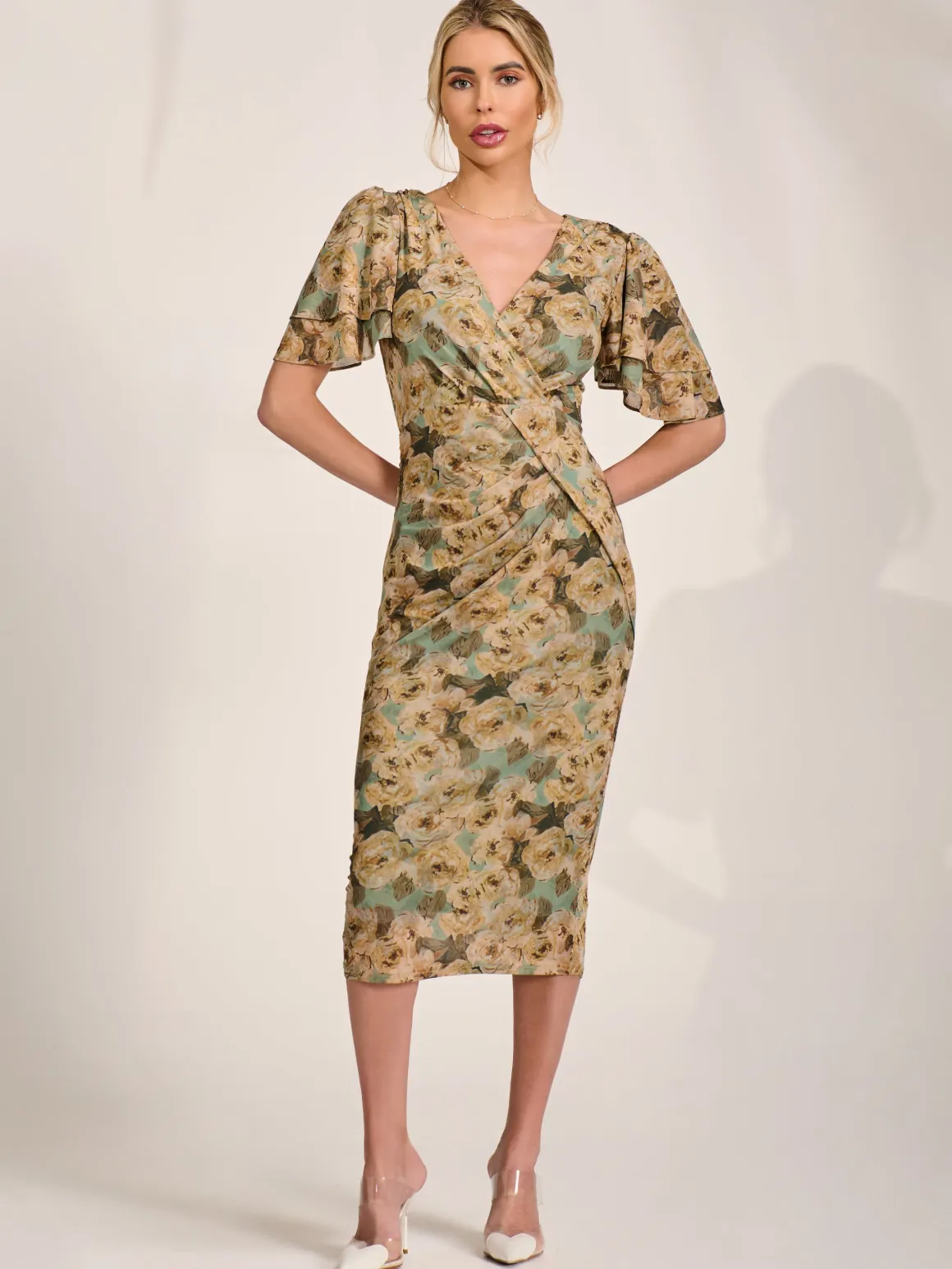 Angel Sleeve Mesh Bodycon Dress, Green Abstract
