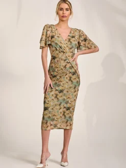 Angel Sleeve Mesh Bodycon Dress, Green Abstract