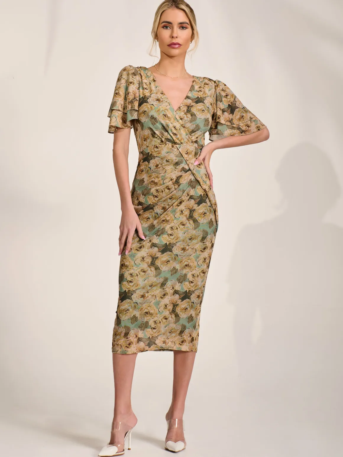 Angel Sleeve Mesh Bodycon Dress, Green Abstract