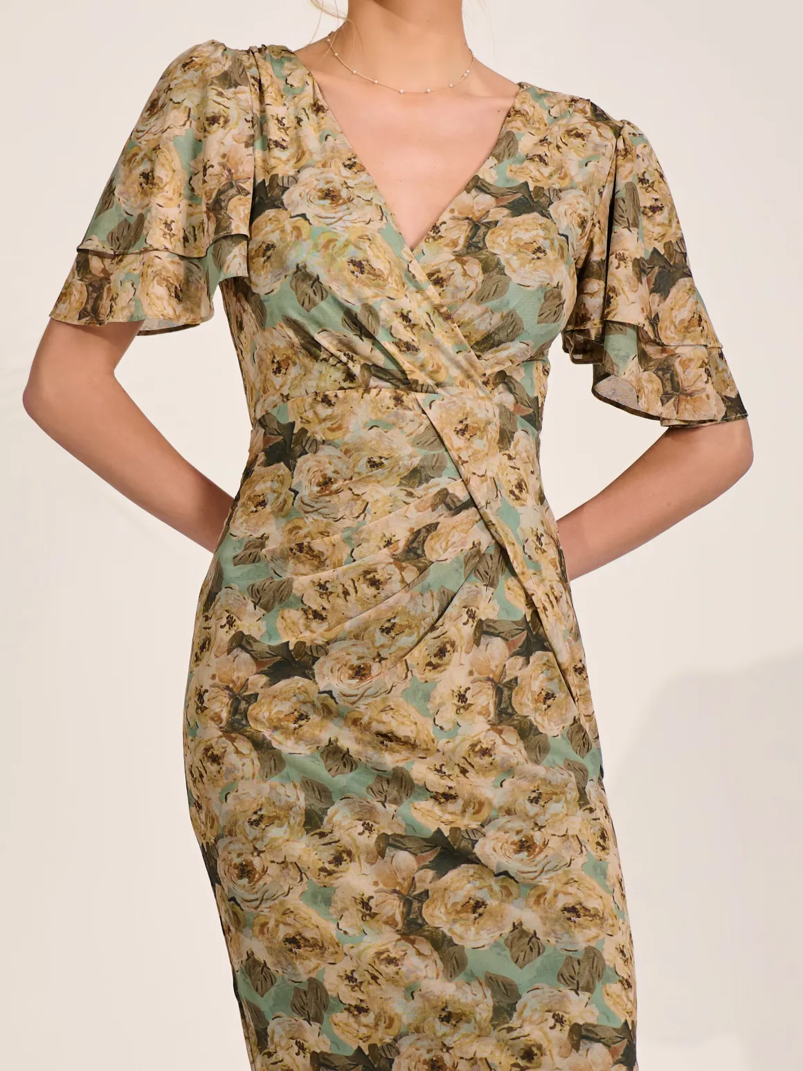 Angel Sleeve Mesh Bodycon Dress, Green Abstract