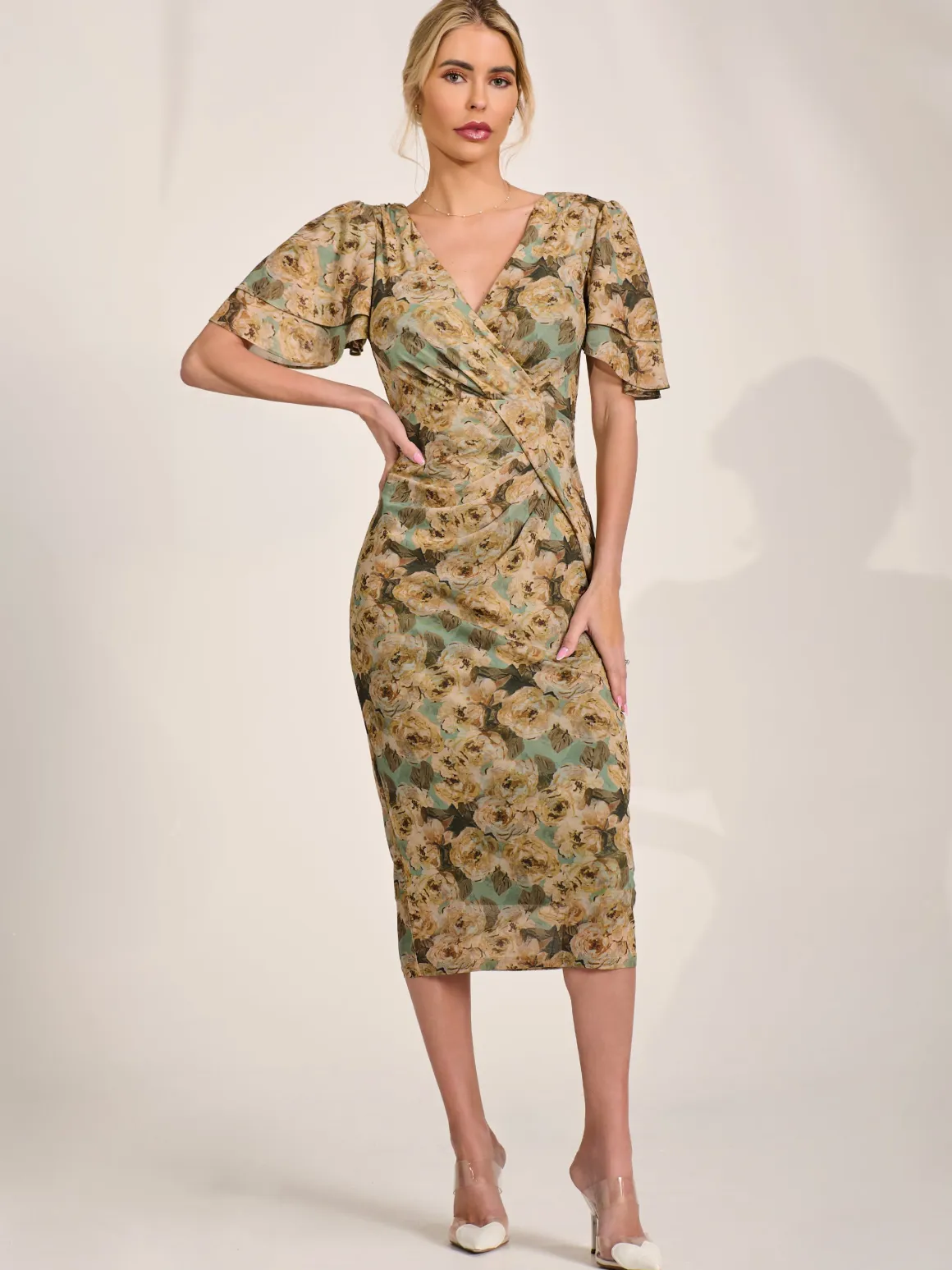 Angel Sleeve Mesh Bodycon Dress, Green Abstract