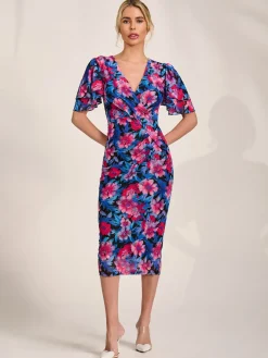 Angel Sleeve Mesh Bodycon Dress, Pink floral