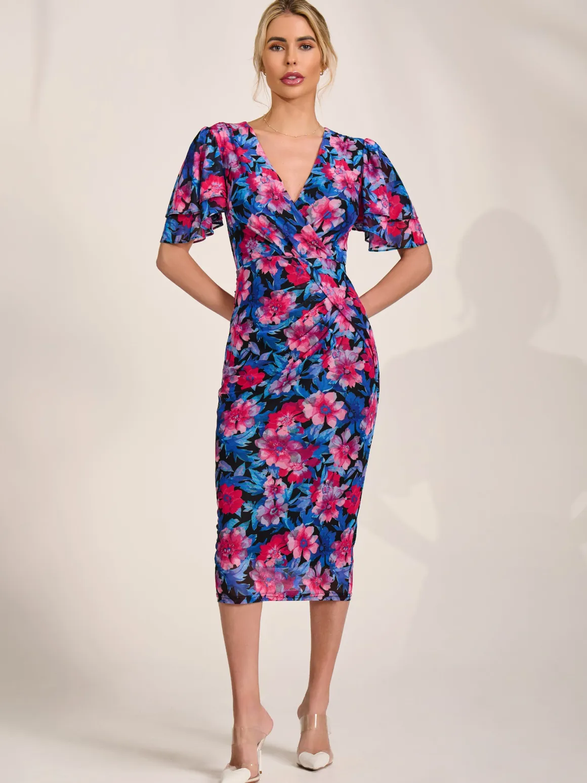 Angel Sleeve Mesh Bodycon Dress, Pink floral