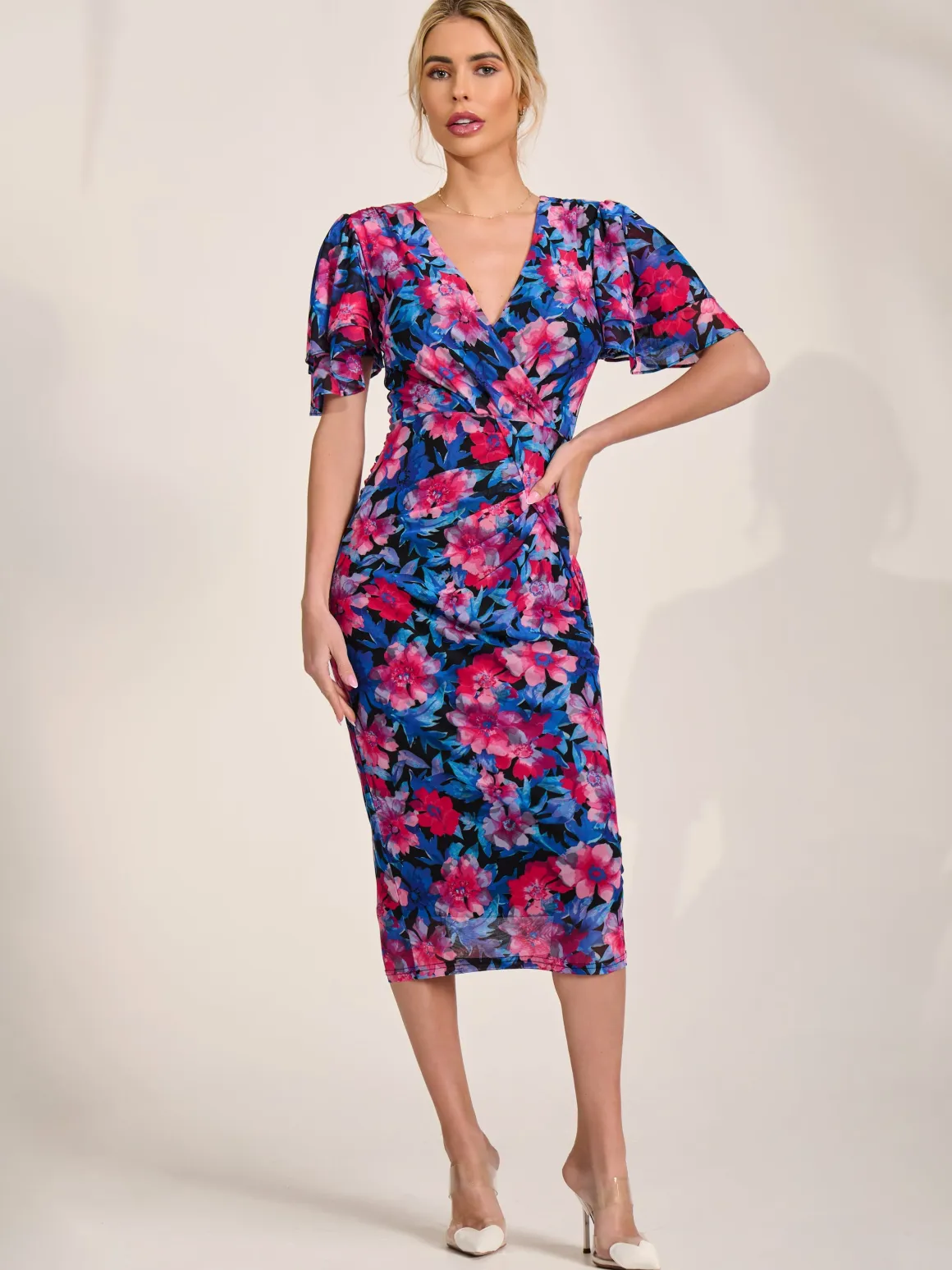 Angel Sleeve Mesh Bodycon Dress, Pink floral