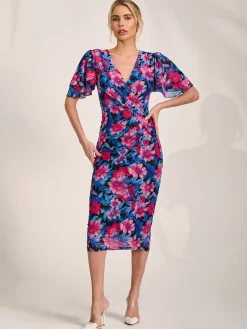Angel Sleeve Mesh Bodycon Dress, Pink floral