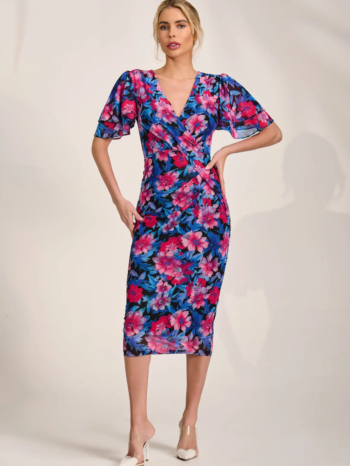 Angel Sleeve Mesh Bodycon Dress, Pink floral
