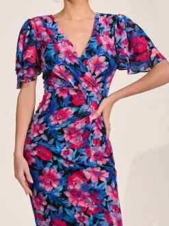 Angel Sleeve Mesh Bodycon Dress, Pink floral