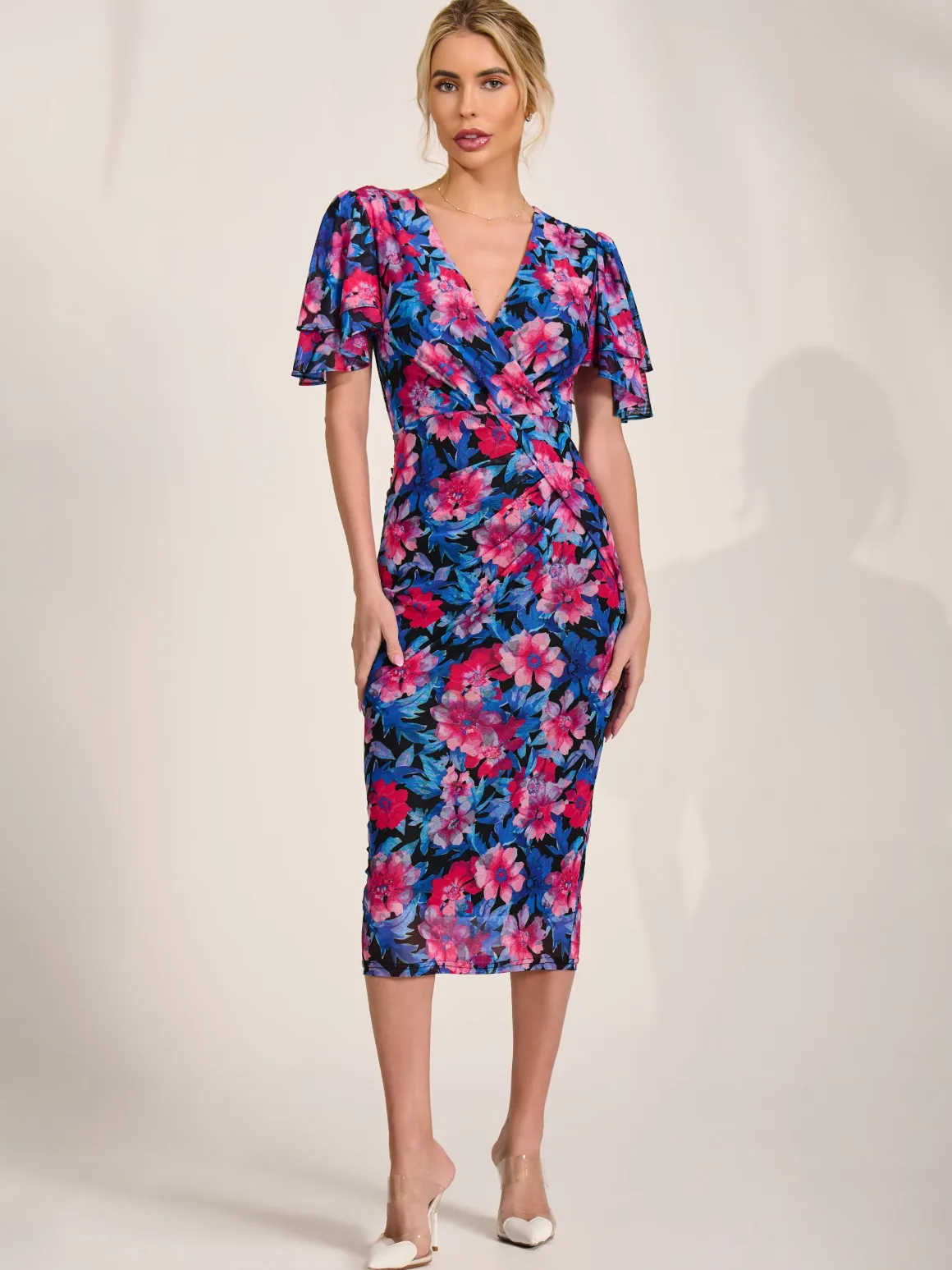 Angel Sleeve Mesh Bodycon Dress, Pink floral