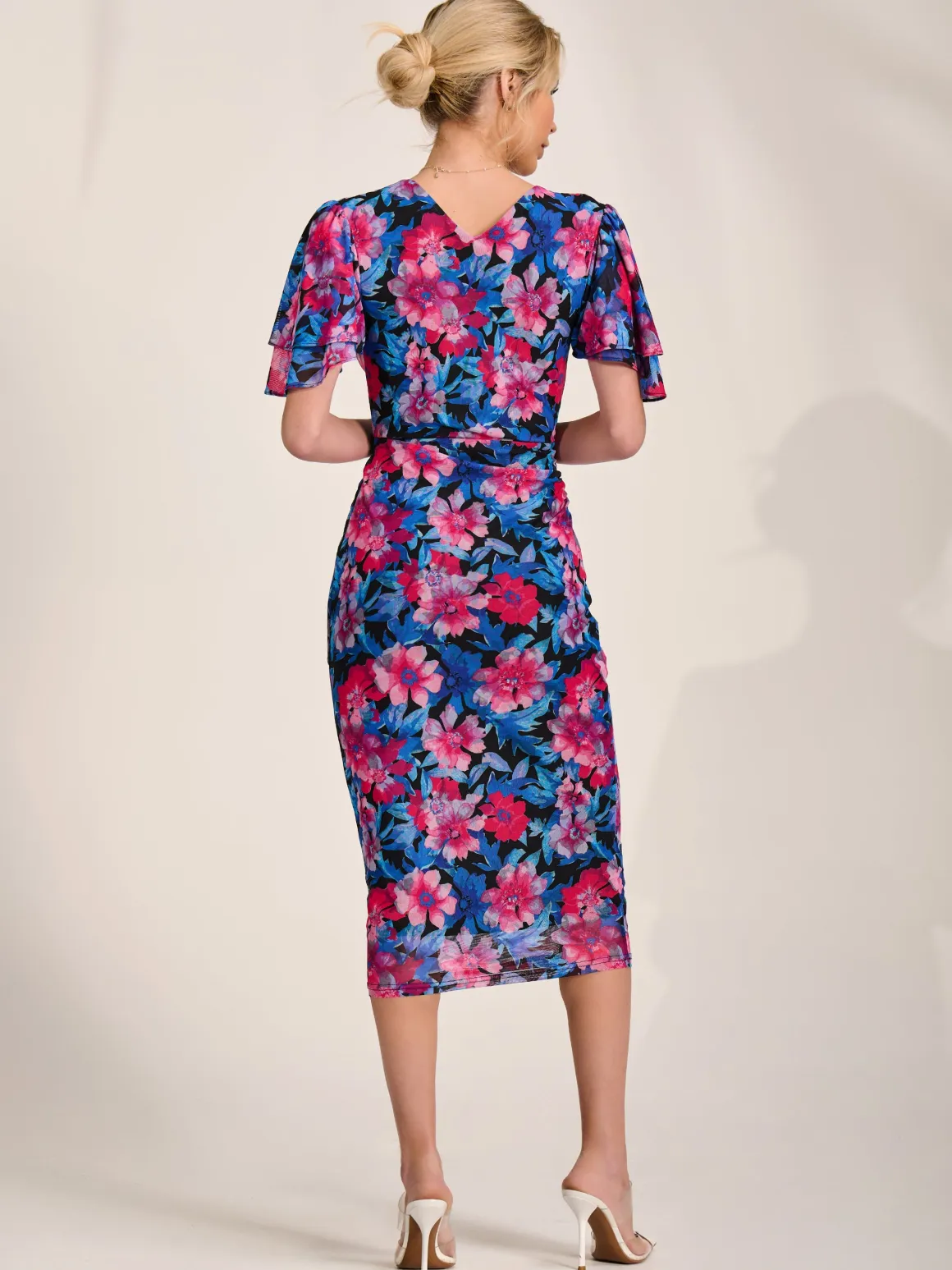 Angel Sleeve Mesh Bodycon Dress, Pink floral