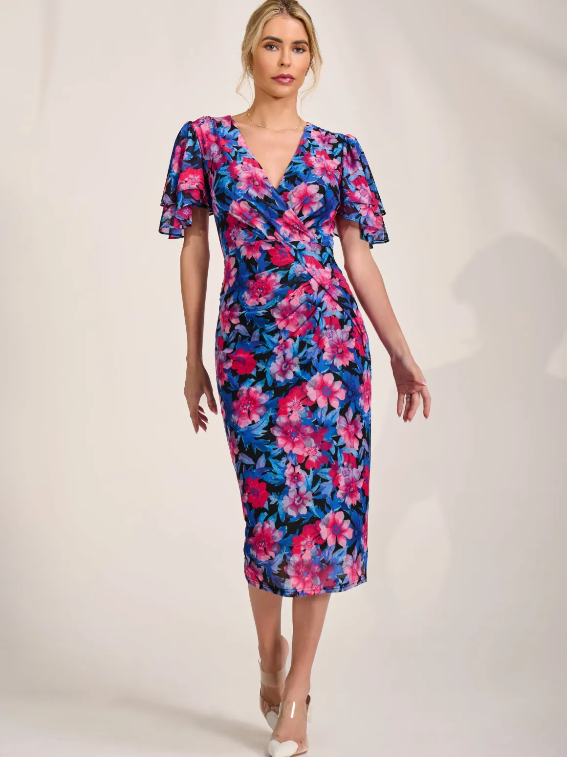 Angel Sleeve Mesh Bodycon Dress, Pink floral