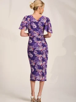 Angel Sleeve Mesh Bodycon Dress, Purple floral