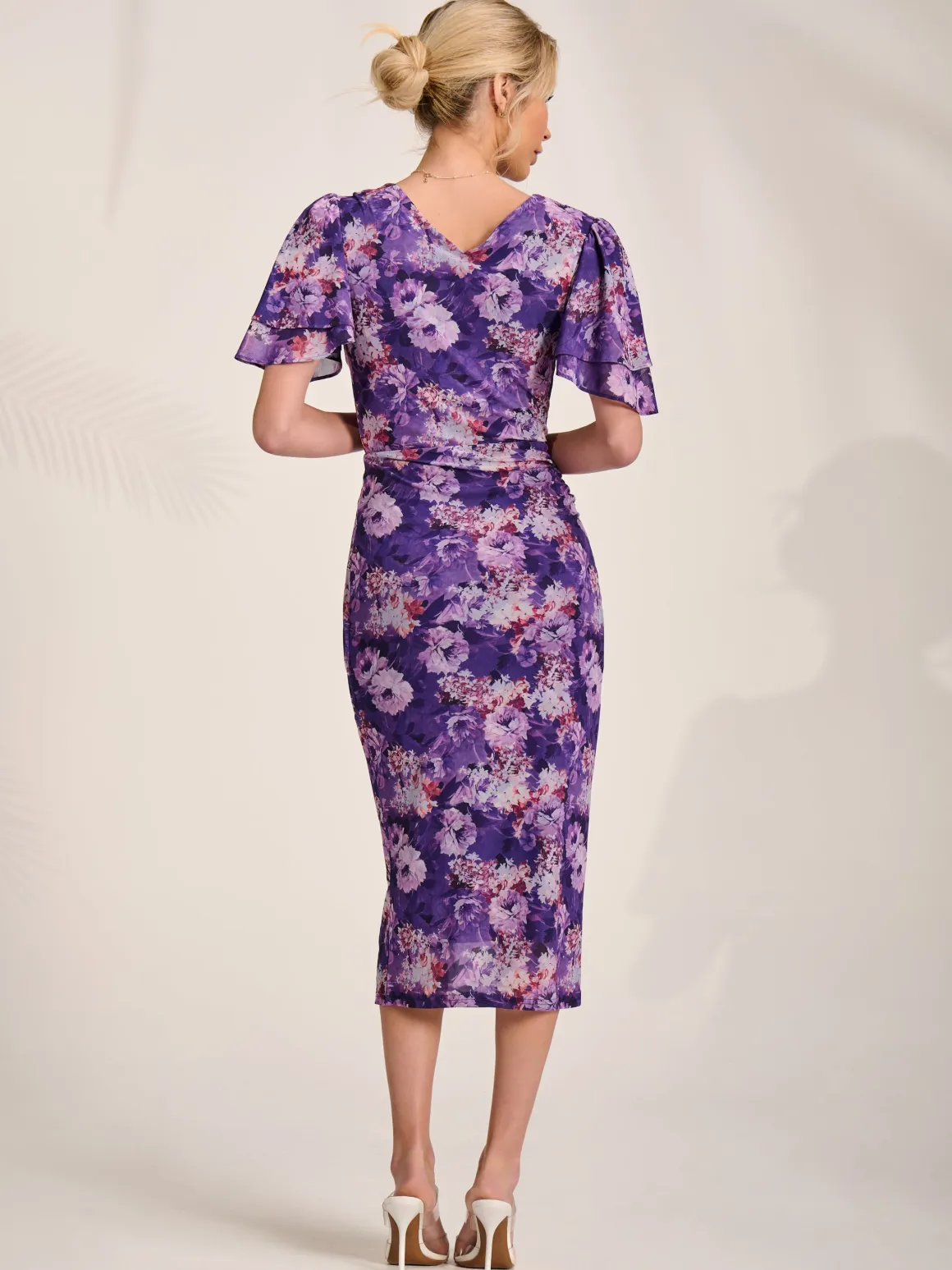 Angel Sleeve Mesh Bodycon Dress, Purple floral