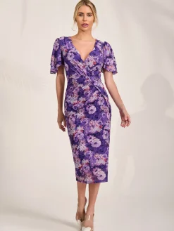 Angel Sleeve Mesh Bodycon Dress, Purple floral
