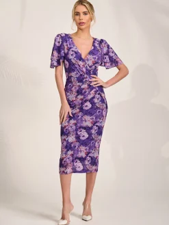Angel Sleeve Mesh Bodycon Dress, Purple floral