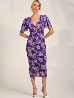 Angel Sleeve Mesh Bodycon Dress, Purple floral