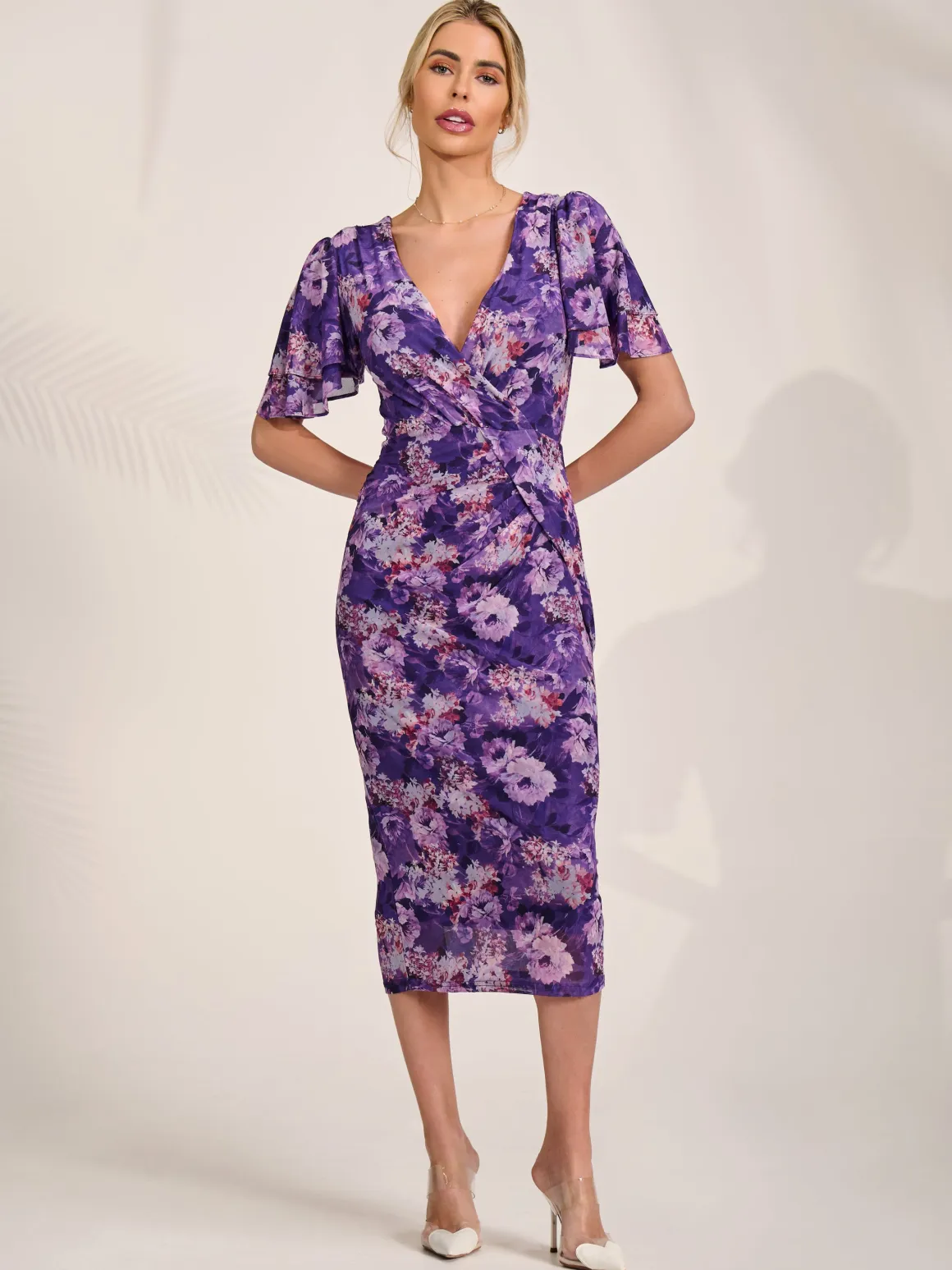Angel Sleeve Mesh Bodycon Dress, Purple floral