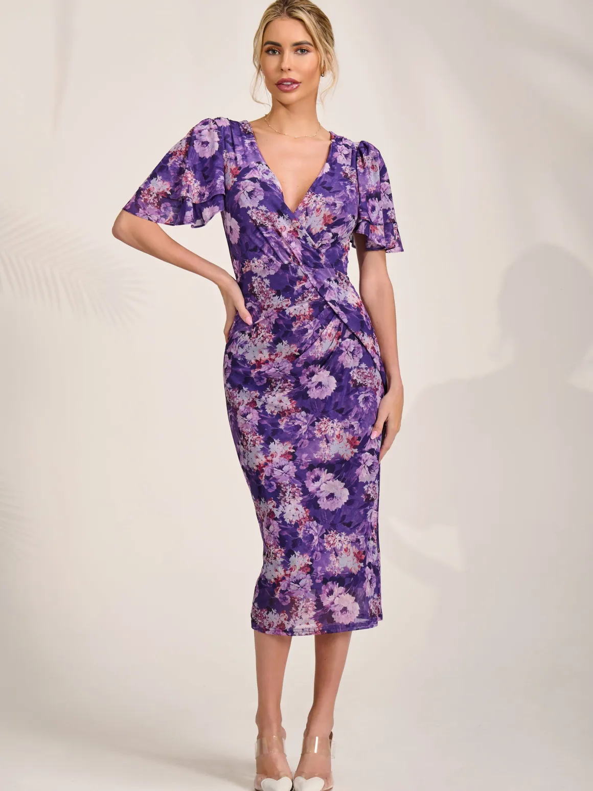 Angel Sleeve Mesh Bodycon Dress, Purple floral