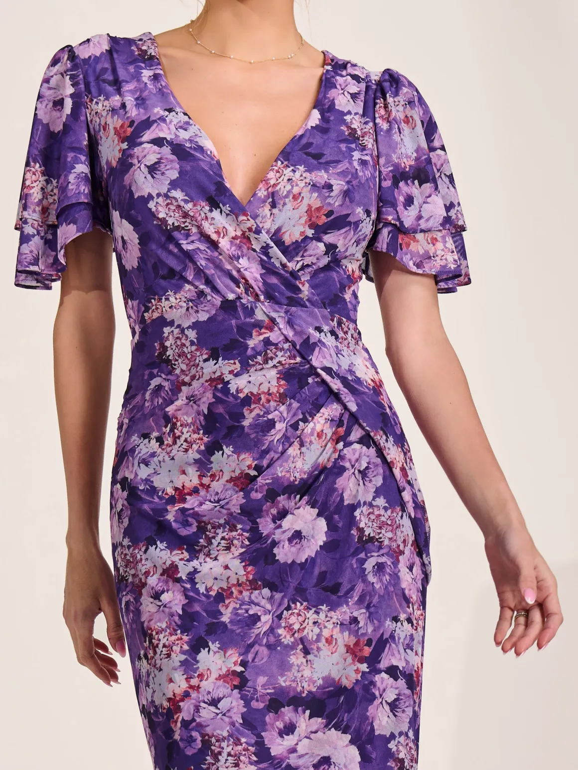 Angel Sleeve Mesh Bodycon Dress, Purple floral