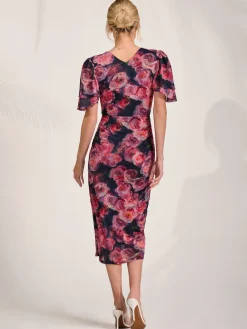Angel Sleeve Mesh Bodycon Dress, Red floral