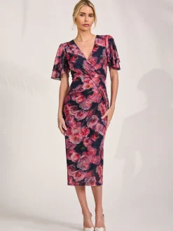 Angel Sleeve Mesh Bodycon Dress, Red floral