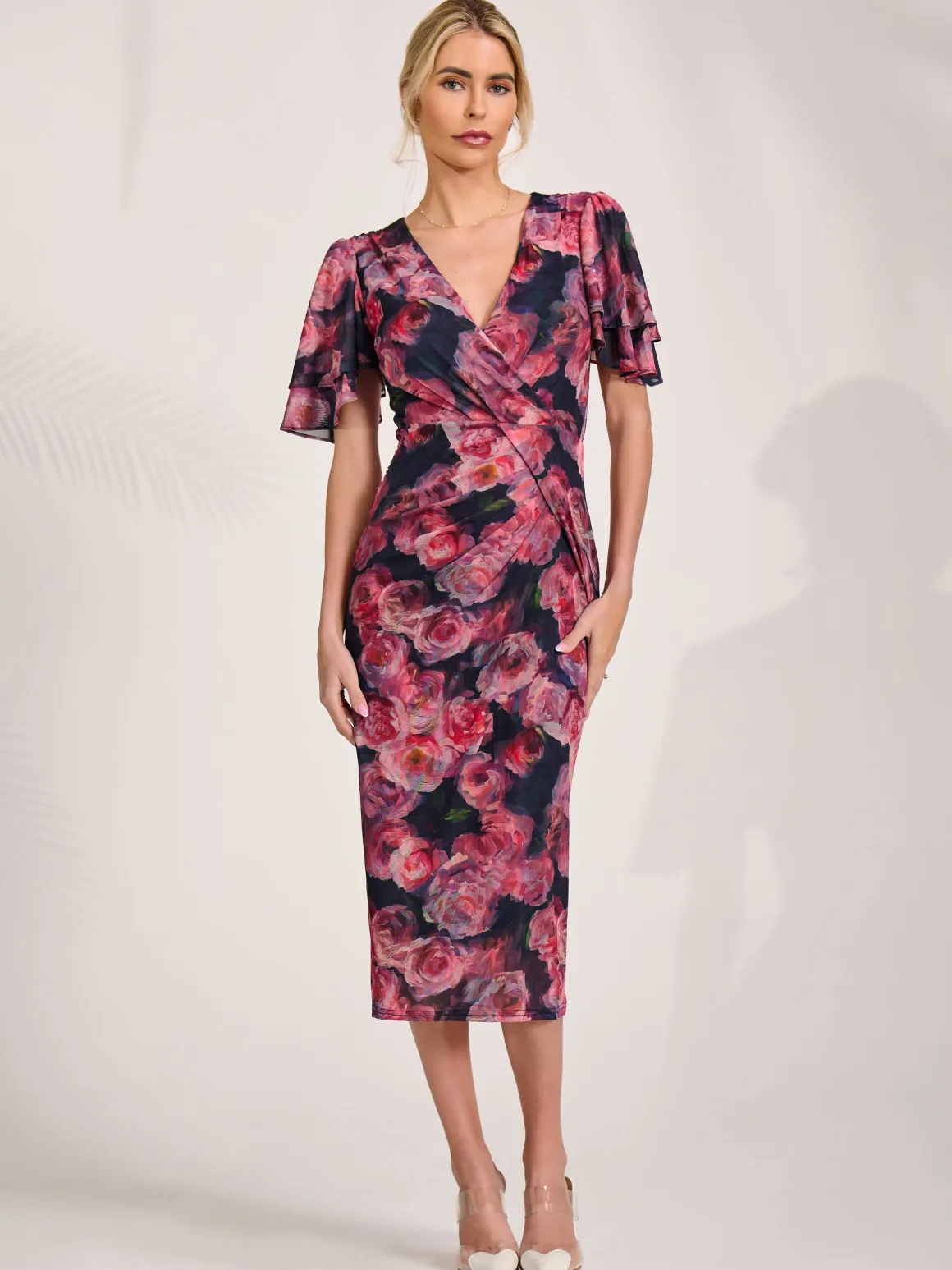 Angel Sleeve Mesh Bodycon Dress, Red floral