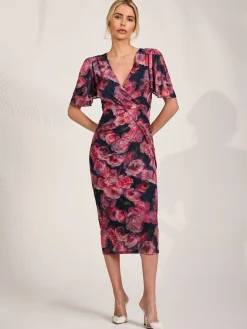Angel Sleeve Mesh Bodycon Dress, Red floral
