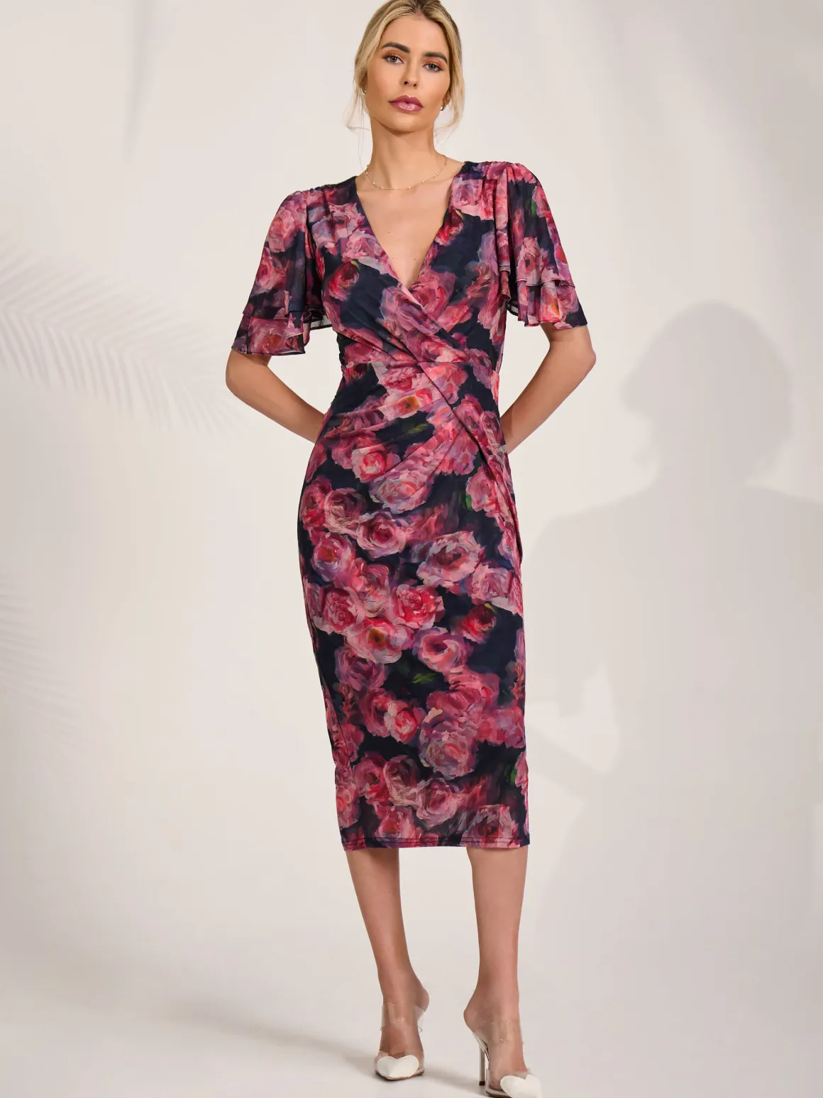 Angel Sleeve Mesh Bodycon Dress, Red floral