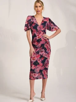 Angel Sleeve Mesh Bodycon Dress, Red floral
