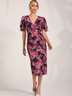 Angel Sleeve Mesh Bodycon Dress, Red floral
