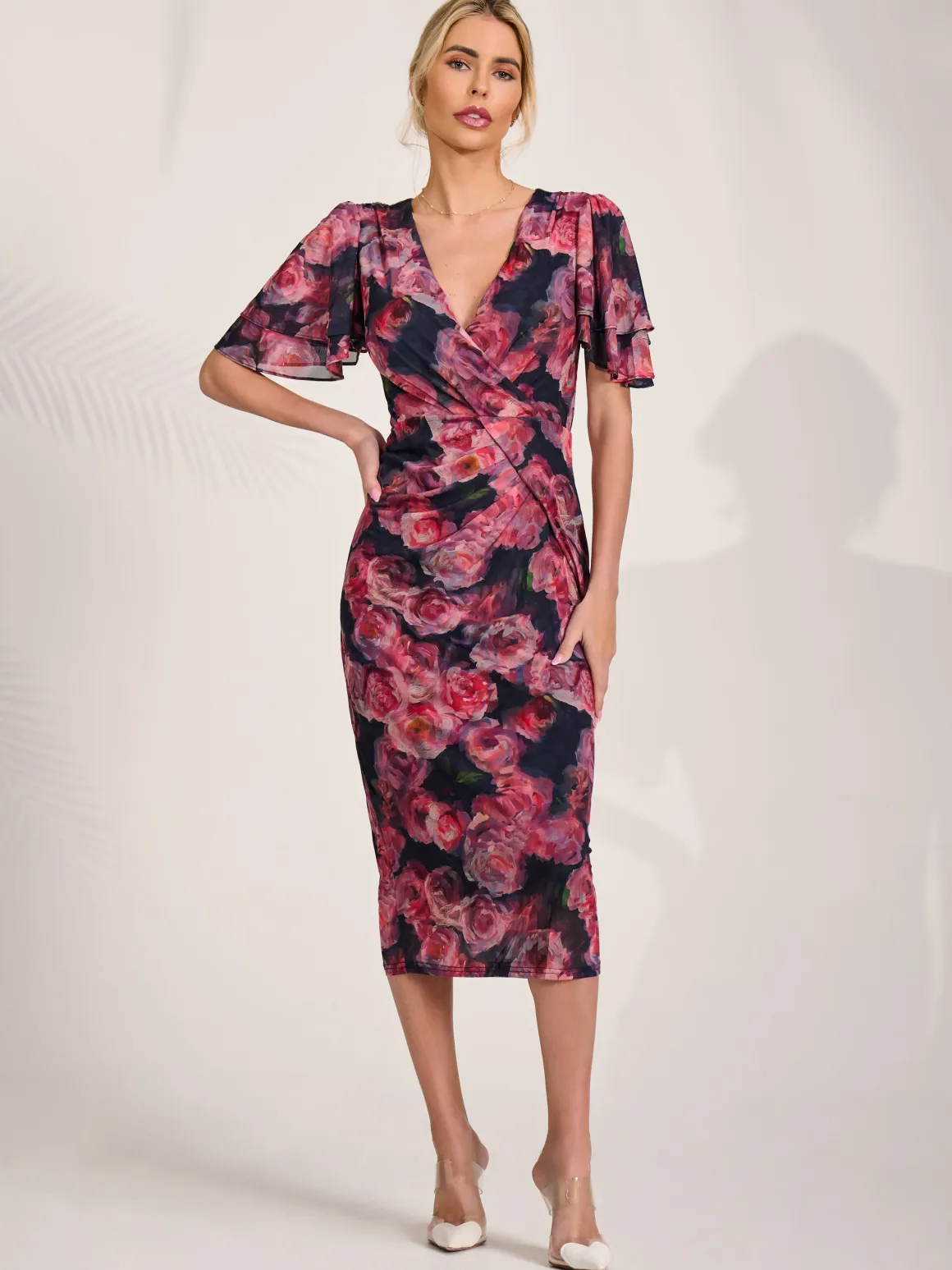 Angel Sleeve Mesh Bodycon Dress, Red floral