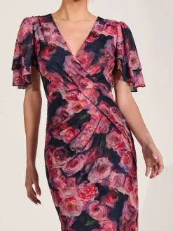 Angel Sleeve Mesh Bodycon Dress, Red floral