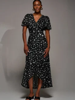 Angel Sleeve Mesh Frill Wrap Maxi Dress, Black Spot